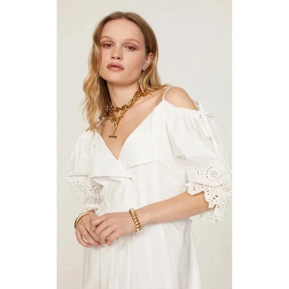 Ulla Johnson Narcisa White Eyelet Cotton Cold Shoulder Maxi Dress Size 8 - Picture 4 of 4